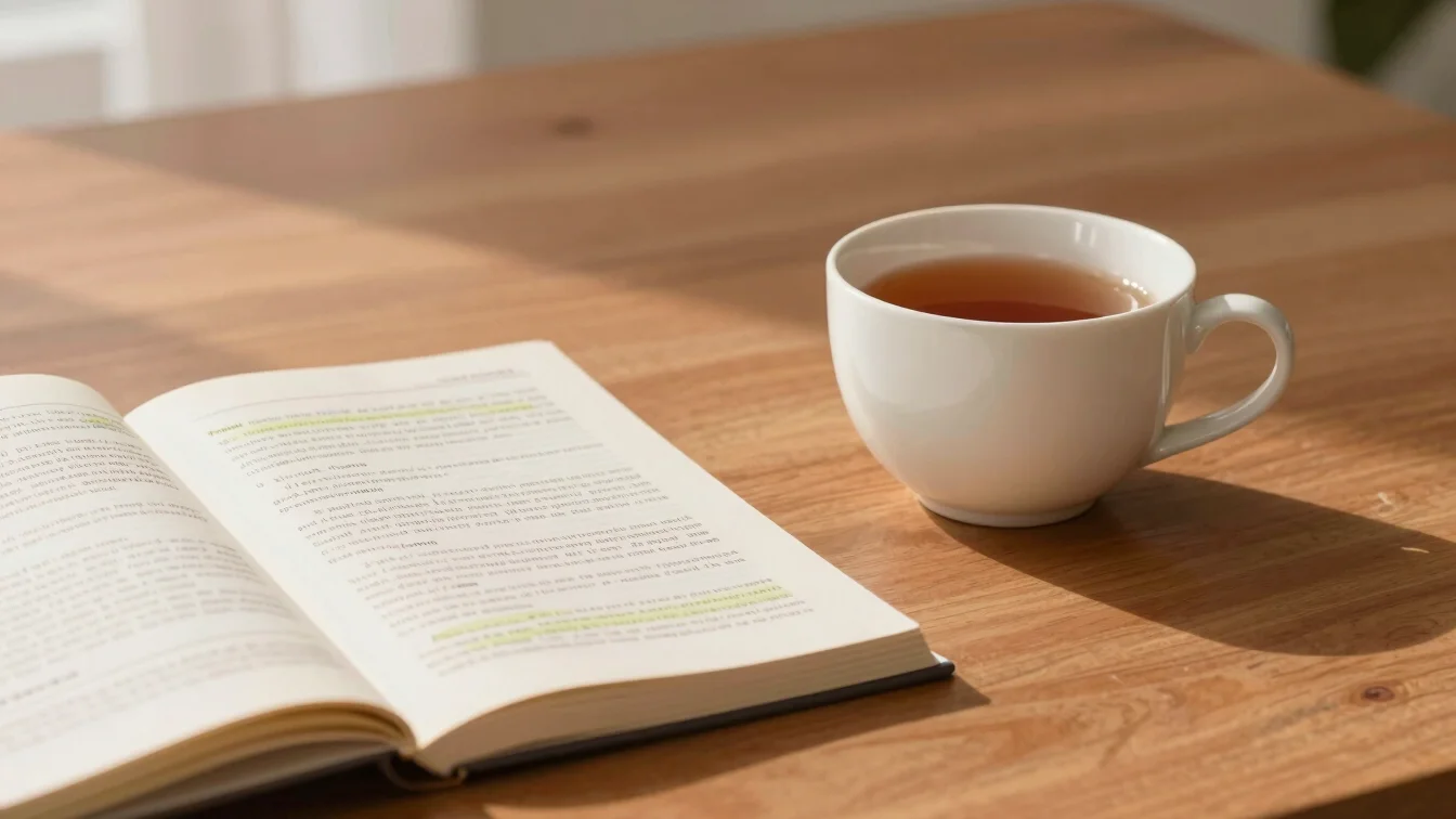 Quiet morning desk setup with a ceramic cup of tea, open grammar reference notes, and soft natural daylight