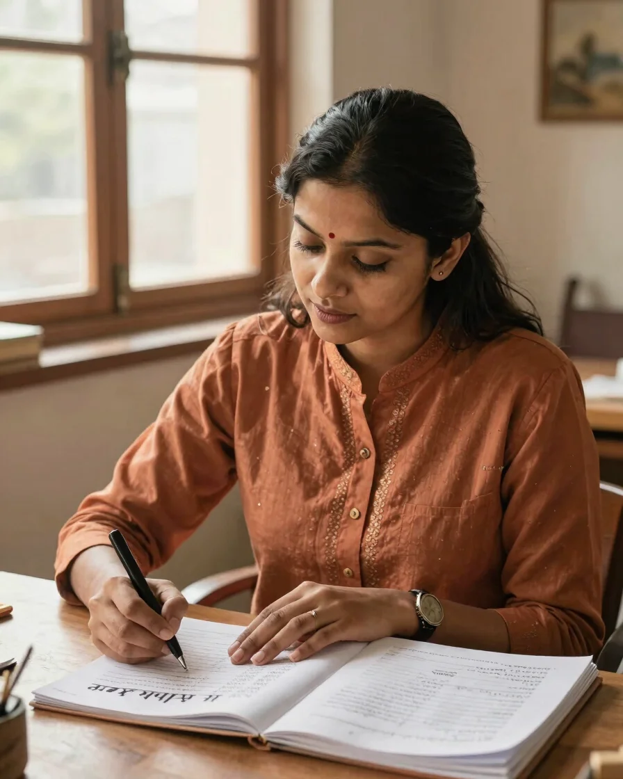 Warm editorial portrait of a Hindi instructor reviewing Devanagar